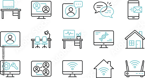 Remote work and digital communication icons featuring video calls, online collaboration, home office setups, messaging tools, and wireless connectivity in modern line style