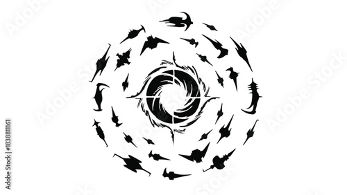 Abstract swirling vortex of dark shapes against a white background, suggesting movement and energy