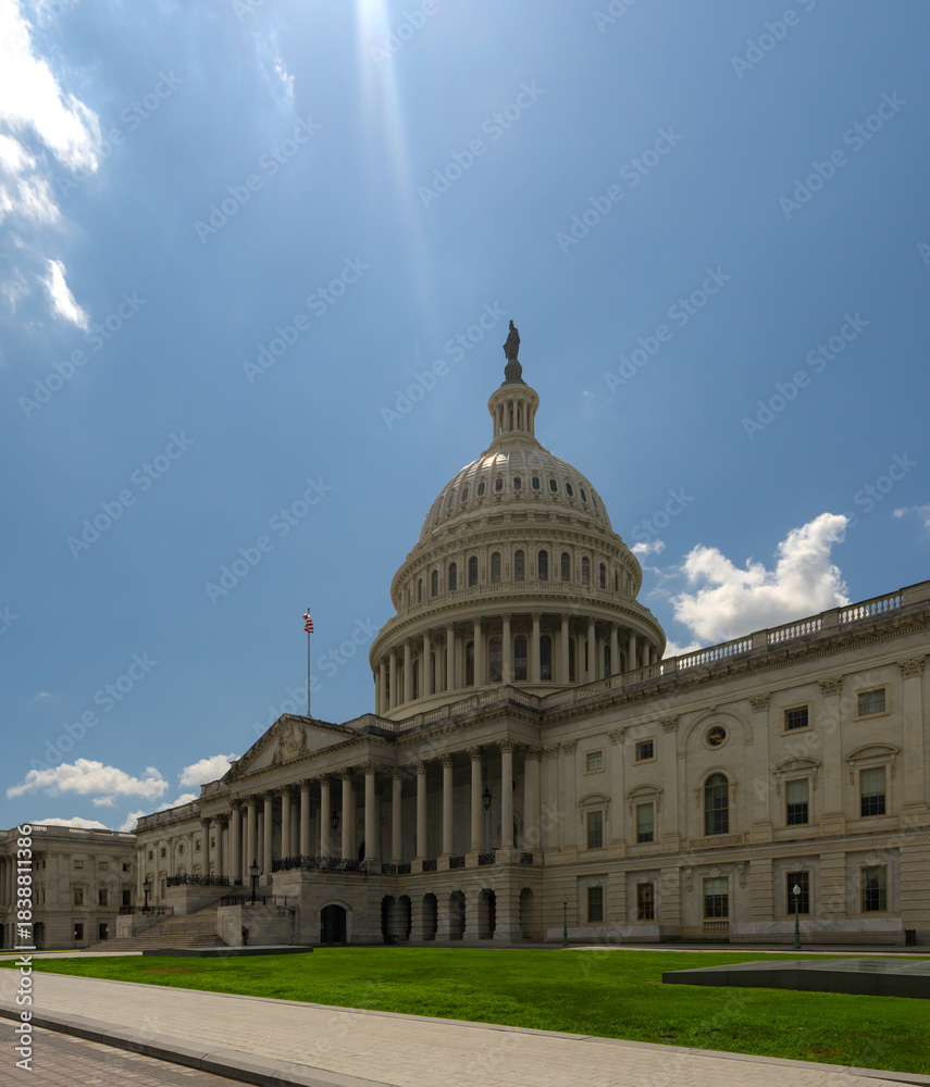 Naklejka premium Washington DC Capitol dome. Congress and Senate building. USA flag over Capitol dome. Election day in Washington. Ceremony at American Capitol. President in front of Congress.