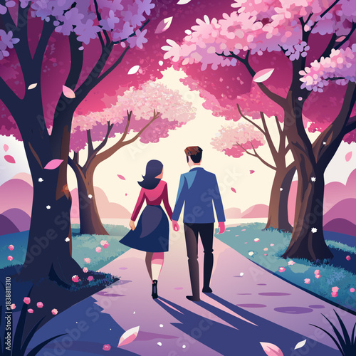 Silhouette couple kiss under the moon and tree at night blue sky, a romantic vector illustration of love, romance, happiness, and nature