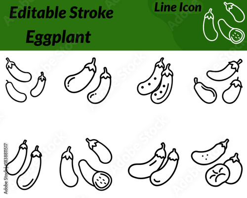 A simple and modern eggplant icon featuring a smooth. Elongated shape with a rounded base and a slightly curved body. The leafy green stem sits at the top for clear recognition.