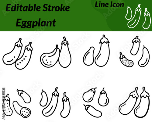 A simple and modern eggplant icon featuring a smooth. Elongated shape with a rounded base and a slightly curved body. The leafy green stem sits at the top for clear recognition.