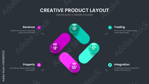 Sales Launch 4 Option Infographic Slideshow Layout. Consulting Introduction Four Element Chart Slide Design. Modern Solution Frame Template Vector Illustration.