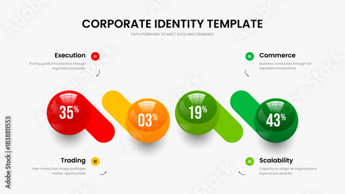 Marketing Portfolio Four Element Diagram Slide Template. Sales Review Slideshow Design Vector Illustration. Project Innovation 4 Option Chart Frame Layout.