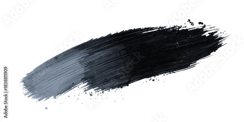 Abstract black and gray ink brush stroke on white background with dynamic sweeping motion and splatter effects. Line, box, brushes, grunge, paint, page, border. Vector brush stock illustrator.