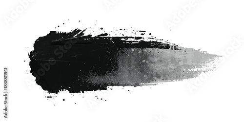Abstract black and gray ink brush stroke on white background with dynamic sweeping motion and splatter effects. Line, box, brushes, grunge, paint, page, border. Vector brush stock illustrator.