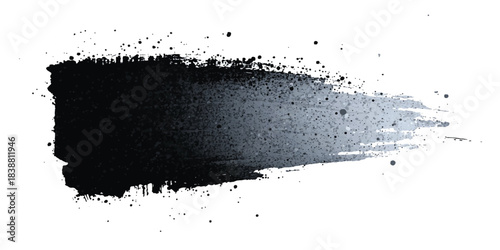 Abstract black and gray ink brush stroke on white background with dynamic sweeping motion and splatter effects. Line, box, brushes, grunge, paint, page, border. Vector brush stock illustrator.