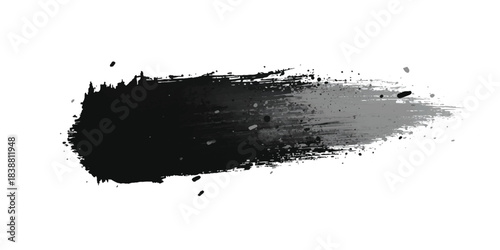 Abstract black and gray ink brush stroke on white background with dynamic sweeping motion and splatter effects. Line, box, brushes, grunge, paint, page, border. Vector brush stock illustrator.