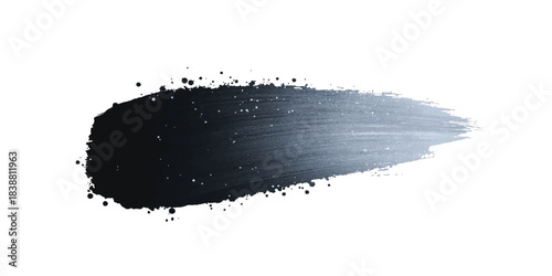 Abstract black and gray ink brush stroke on white background with dynamic sweeping motion and splatter effects. Line, box, brushes, grunge, paint, page, border. Vector brush stock illustrator.