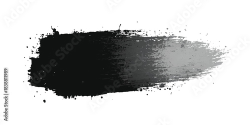 Abstract black and gray ink brush stroke on white background with dynamic sweeping motion and splatter effects. Line, box, brushes, grunge, paint, page, border. Vector brush stock illustrator.