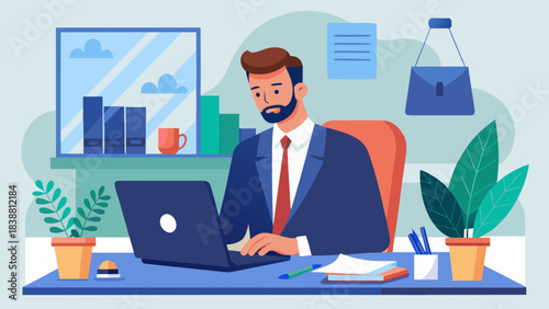 A man in a suit is sitting at a desk with a laptop and a potted plant. He is typing on the laptop and he is focused on his work. Concept of professionalism and productivity