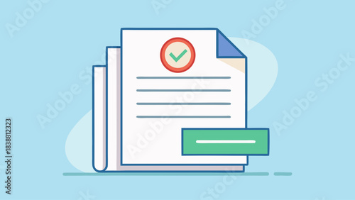 A stack of papers with a red check mark on top. The papers are blue and white