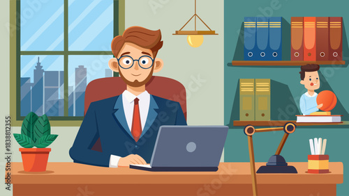 A man in a suit is sitting at a desk with a laptop. He is wearing glasses and a tie. The room has a window and a potted plant. The man is typing on his laptop