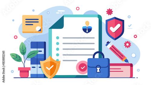 A document with a green background and a red shield on it. The shield is on the right side of the document