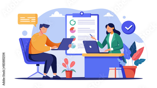 A man and a woman are sitting at a desk with a clipboard in front of them. The man is typing on a laptop while the woman is looking at the clipboard. The clipboard has a green check mark on it