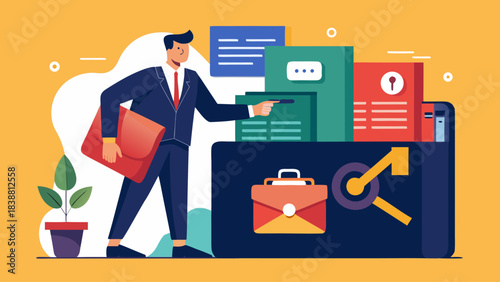 A man in a suit is pointing to a folder on a desk. The folder is full of papers and has a green envelope on top. The man is holding a red briefcase. Concept of organization and professionalism