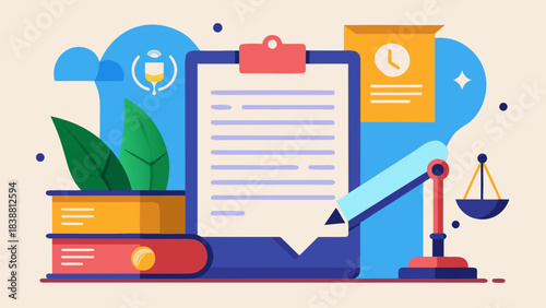 A piece of paper with a pen on it and a book behind it. The book is open to a page with a clock on it