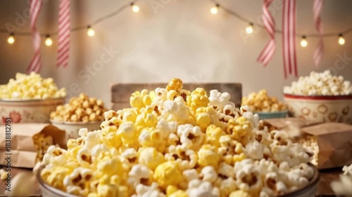 A generous, decorative bowl overflows with a delicious heap of freshly popped popcorn, featuring a mix of fluffy white and golden buttery kernels, with more pieces actively falling into the mound. The