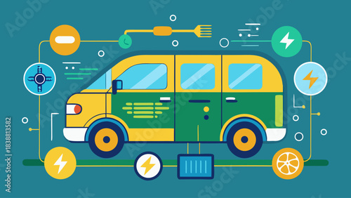 A colorful drawing of a van with a green roof and a yellow front. The van is surrounded by various symbols and icons, including a fork, a knife, and a spoon. Concept of innovation and creativity