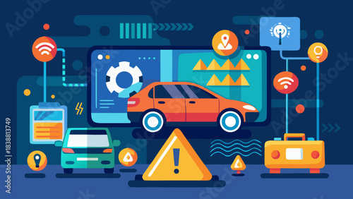 A car is shown on a screen with a red exclamation point and a yellow circle. The car is surrounded by other cars and objects, including a suitcase and a cell phone. Concept of urgency and importance