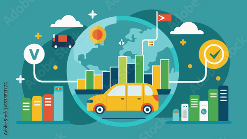 A blue background with a yellow car and a green flag on it. The car is surrounded by a lot of other cars and buildings