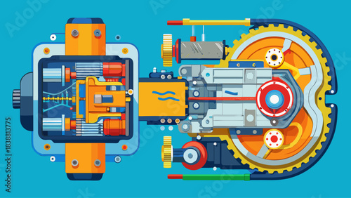 A mechanical device with a blue background. The device is made up of many parts, including gears and a motor. Concept of complexity and precision
