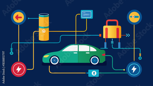 A car is shown with a lot of wires and tubes coming out of it. The car is green and has a lot of technology in it