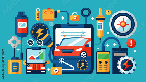 A blue background with a car and other car parts. The car is red and has a steering wheel. There are also other car parts such as a tire, a battery, and a gas tank. The image is of a car repair shop