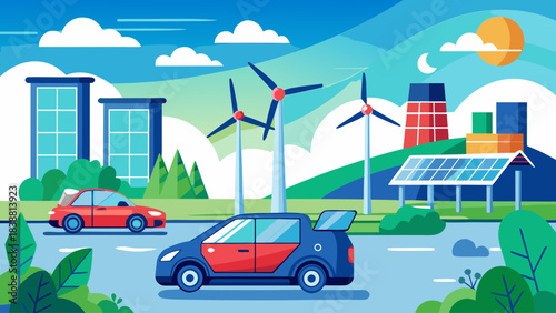 A city scene with cars and windmills. The cars are red and the windmills are tall. Scene is peaceful and modern
