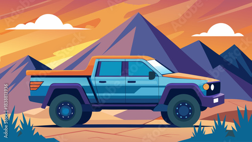 A blue and orange truck is driving down a dirt road in front of a mountain range. The sky is orange and the mountains are in the background