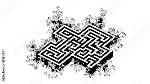 Intricate maze with complex, branching fractal patterns emerging from the edges, symbolizing challenge and exploration.