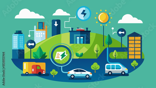 A cityscape with a green circle in the middle that says "Charge". There are cars and trucks on the road, and a building in the background