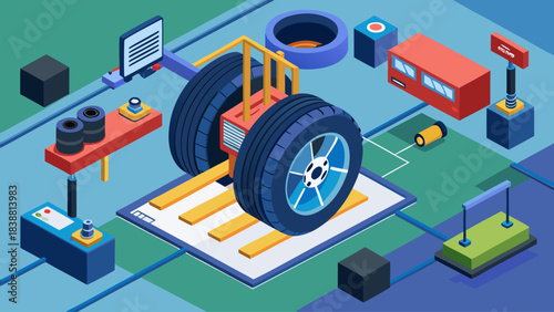 A drawing of a tire shop with a sign that says "Crown.". The shop is filled with various tools and equipment, including a tire press and a tire changer. Scene is that of a busy