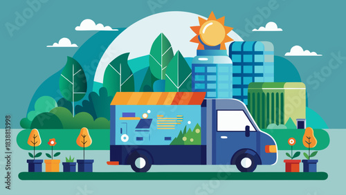 A blue truck is driving down a road with a city in the background. The truck is carrying a load of plants and flowers