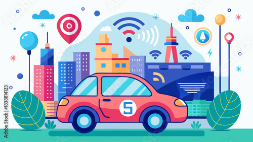 A red car with the number 5 on it is driving down a street with a city skyline in the background