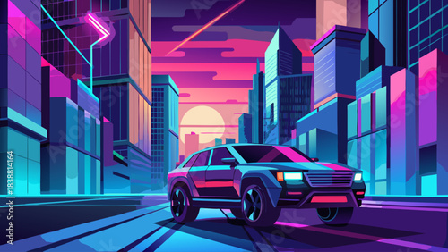 A car is driving down a city street at night. The sky is orange and the city is lit up with neon lights
