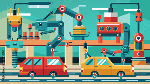 A cartoon of a factory with cars and robots. The cars are being made and the robots are working on them. Scene is busy and industrial
