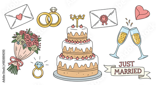A delightful wedding celebration collection featuring a multi-tiered cake, champagne glasses, bridal bouquet, rings, and love letters.