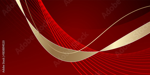 Abstract luxury golden ribbon wave curve on red background vector