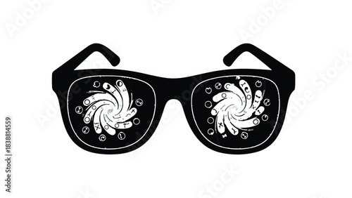 Whimsical swirling patterns reflected in sunglasses, creating a dreamy, imaginative view.