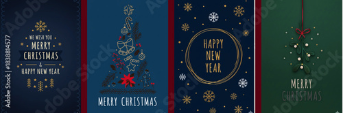 Hand drawn winter holidays card, Merry Christmas greeting card with floral ornaments, New Year tree illustration, decorative snowflakes frame, festive seasonal celebration design, elegant holiday post