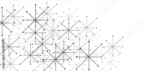 Abstract geometric background with connecting dots and lines with low poly triangle shapes. Horizontal top and bottom edging, decoration on theme of Snowfall, christmas, new year.