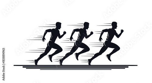 A dynamic silhouette of three sprinters in motion, depicting speed, athleticism, and competitive running against a white background.