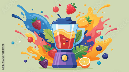 A colorful blender with a variety of fruits and vegetables inside. The blender is surrounded by a splash of different colors, creating a vibrant and energetic atmosphere. Concept of healthy living