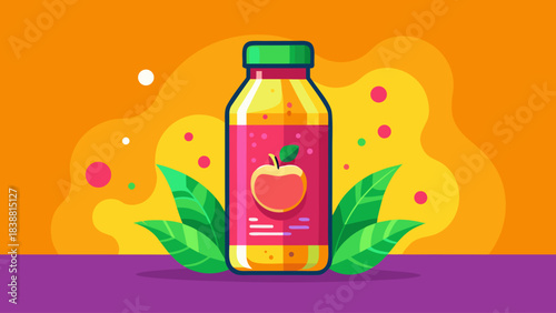 A bottle of apple juice is on a table with green leaves. The bottle is red and green and has a green cap