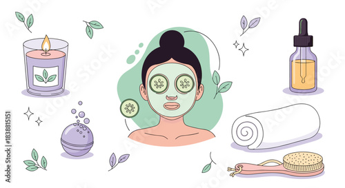 A relaxing spa day illustration featuring a woman with a face mask, bath bomb, candle, essential oil, and towel, promoting self-care and beauty treatments.
