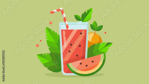 A glass of watermelon juice with a straw in it. A slice of watermelon is on the table