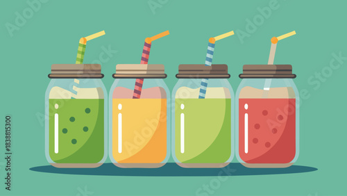 Four jars of different colored drinks with straws in them. The jars are lined up next to each other
