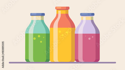 Three bottles of juice are lined up on a shelf. The bottles are different colors and sizes. Concept of variety and abundance