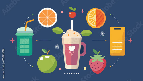 A blue background with a variety of fruits and drinks, including a cup of coffee, a glass of juice, and a strawberry